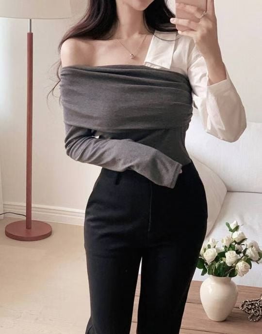 (客訂勿下單）不規則單斜肩拼接襯料上衣