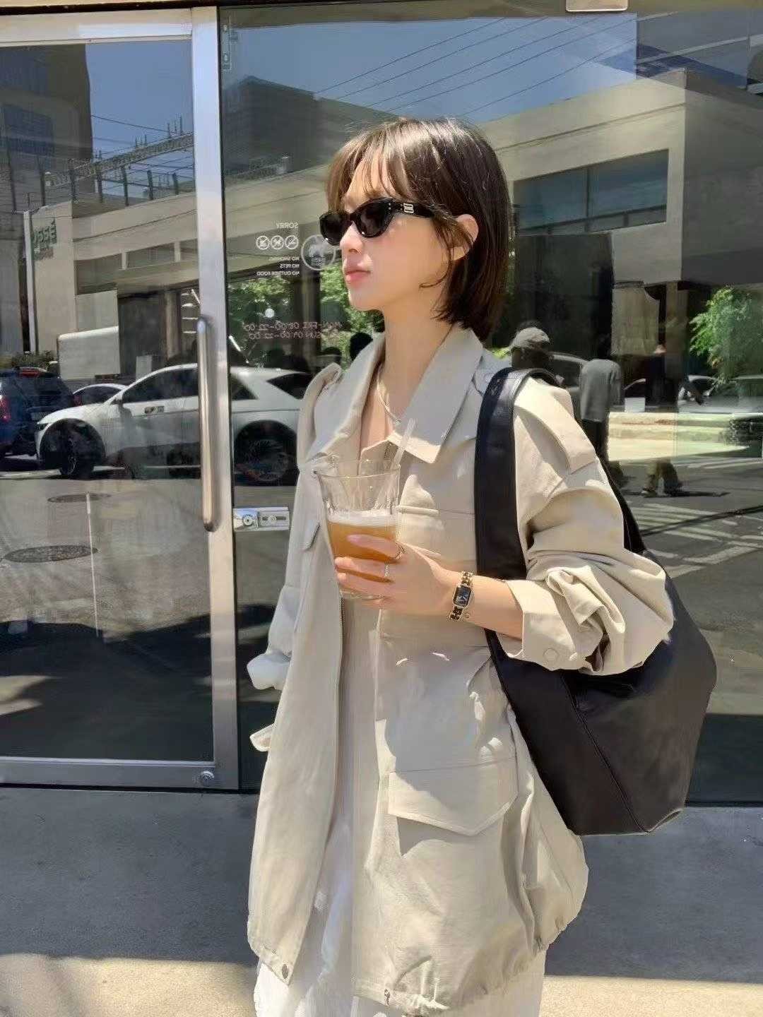 翻領雙大口袋長版拉鍊風衣