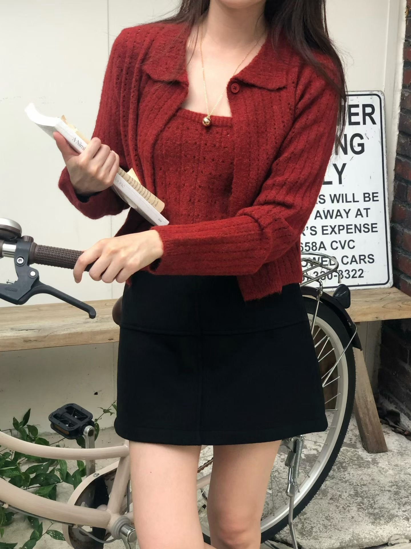 鏤空針織背心＋翻領單釦短版外套SET