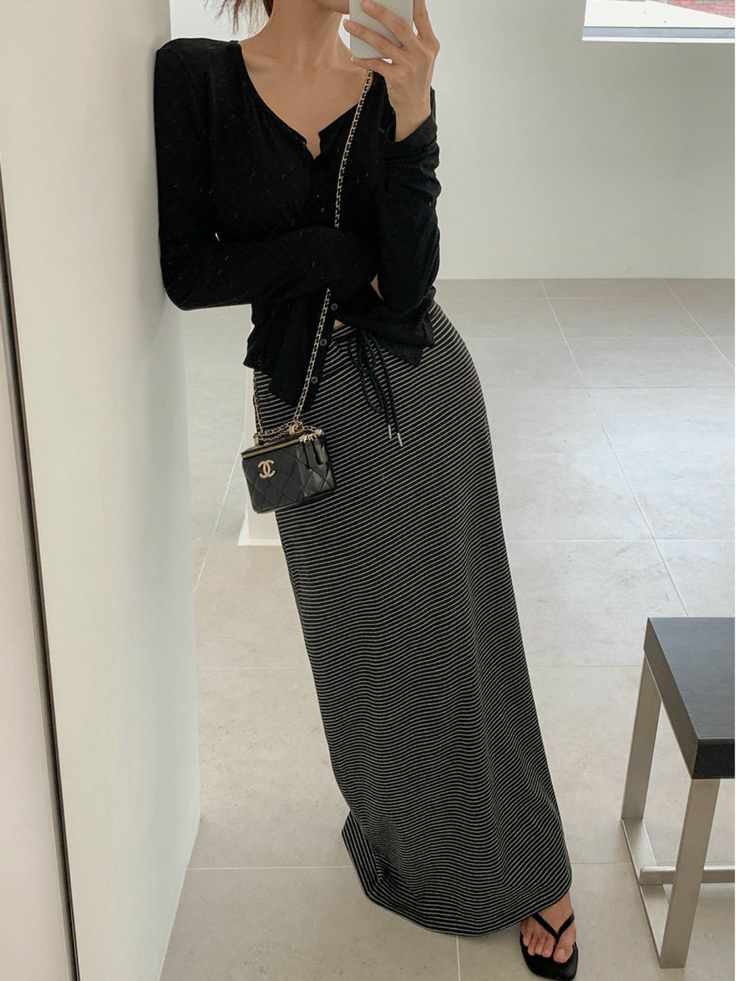 抽繩細條紋落地棉質長裙