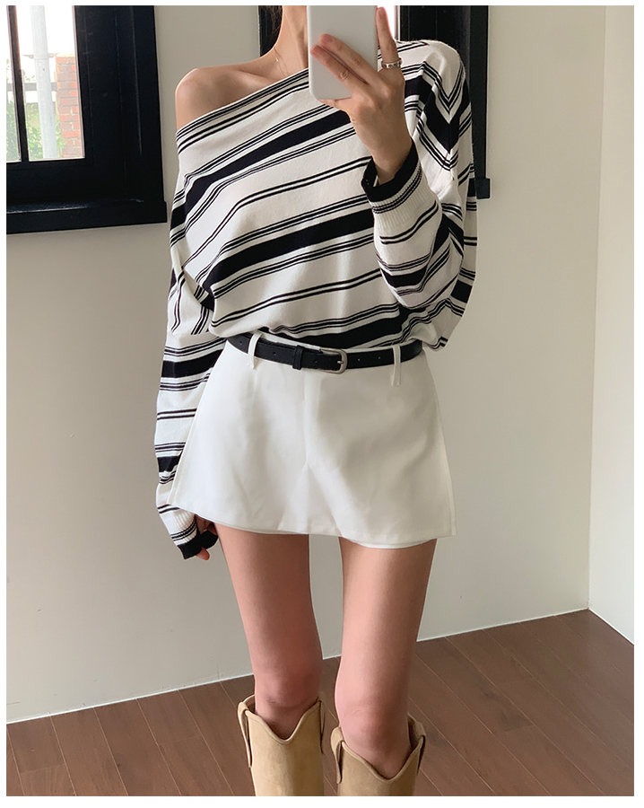 斜肩粗細薄款棉質長袖Ｔ