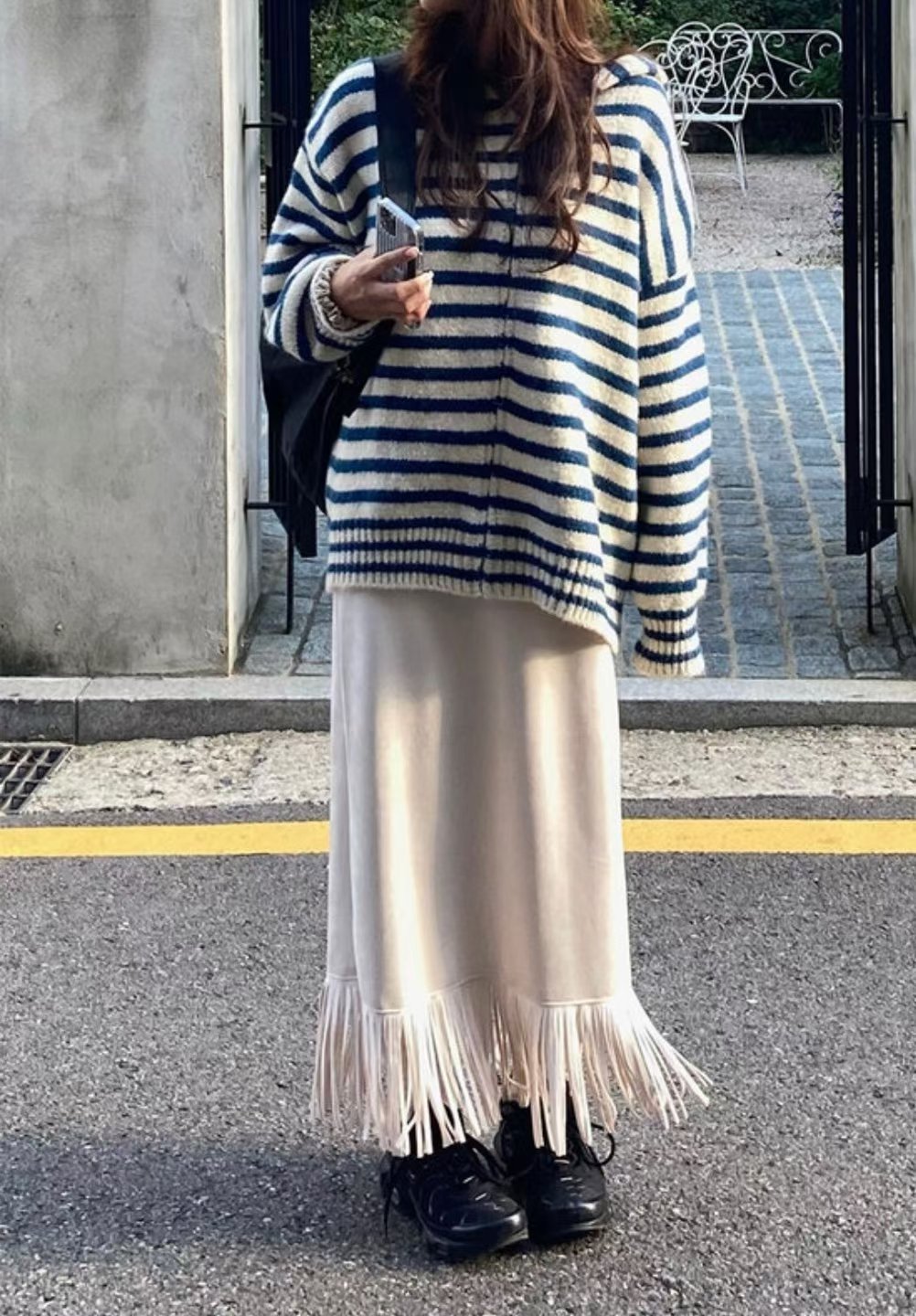 落肩橫條紋連帽長版羊毛外套