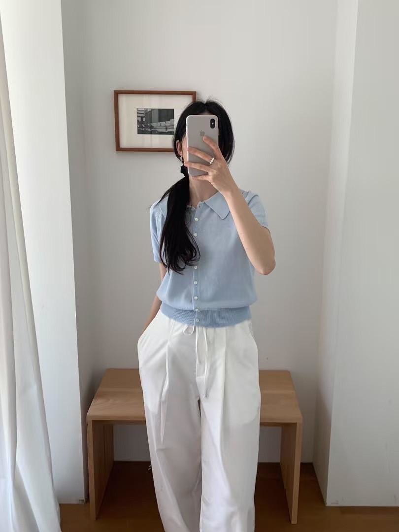 翻領排釦針織短T