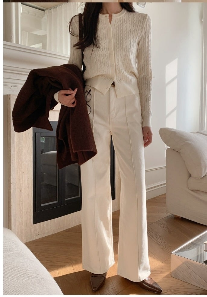 前壓線白色直筒小寬褲