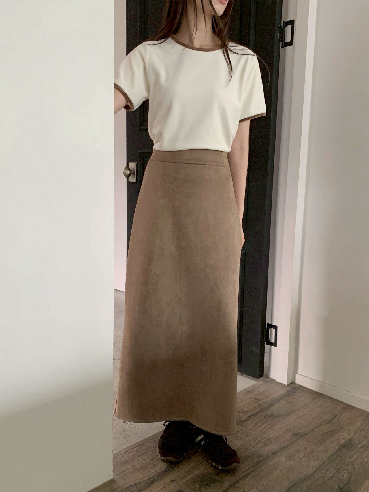 後開衩鬆緊麂皮長裙