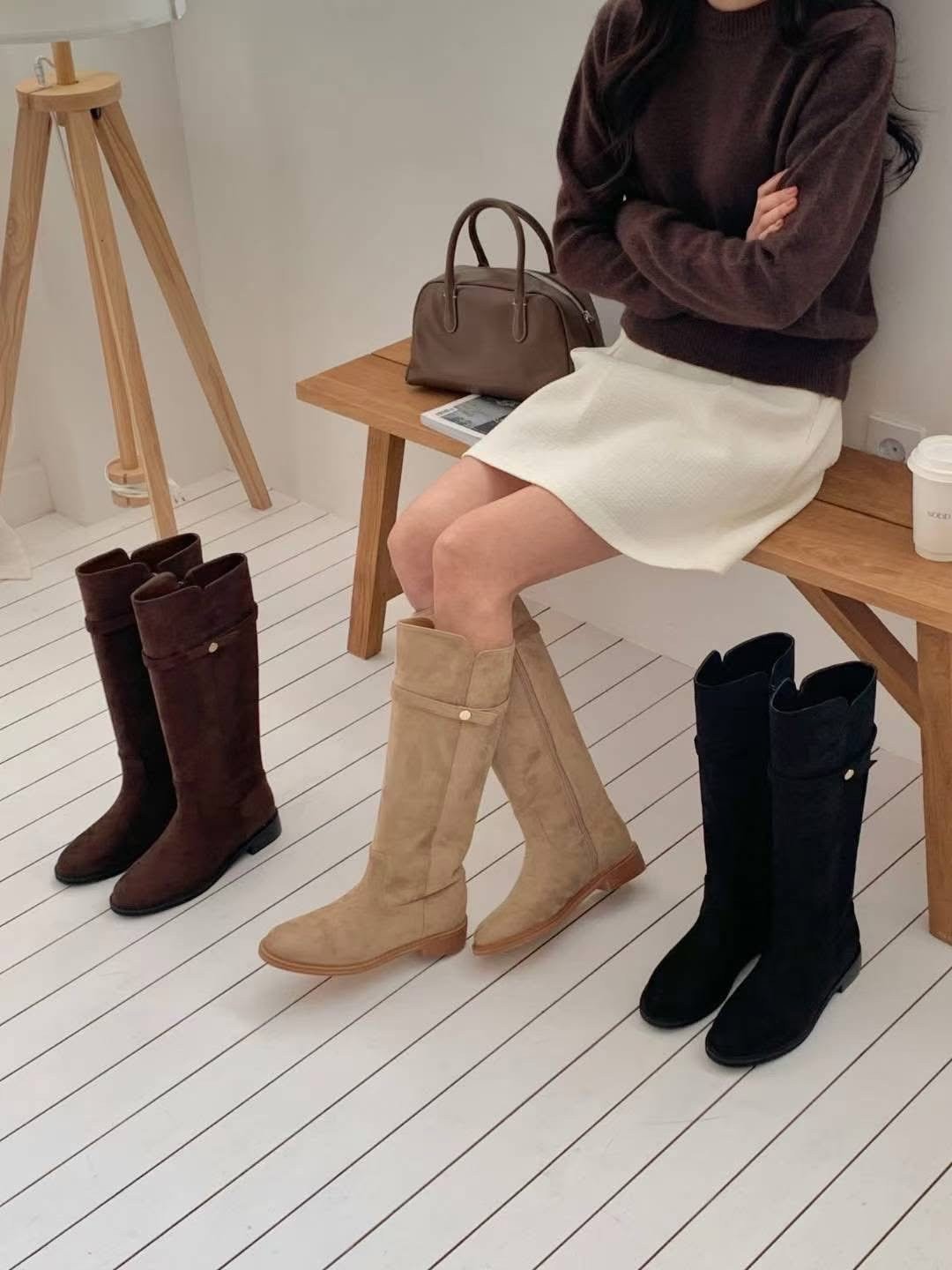 側金釦絨面麂皮低跟長靴(3cm)