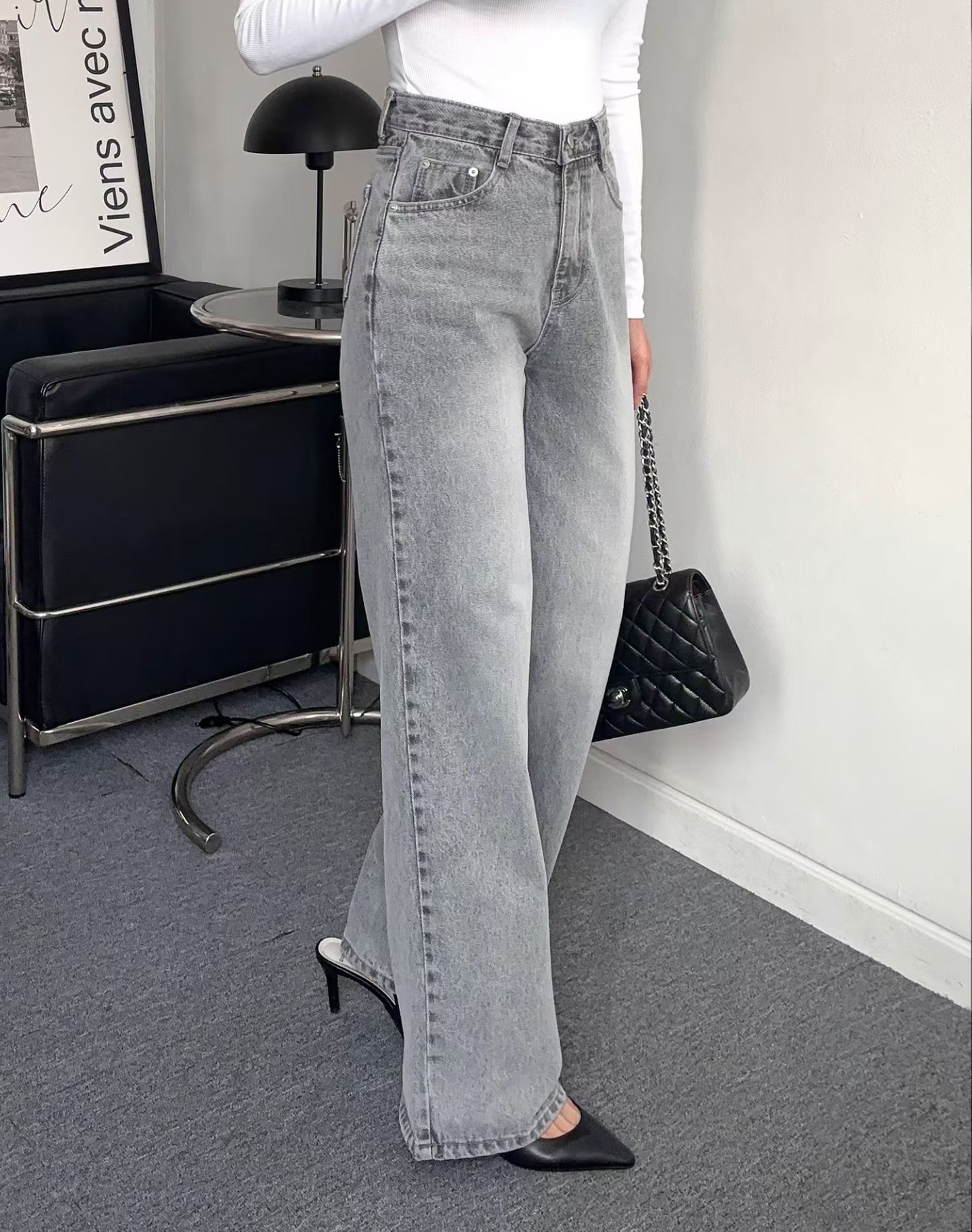 霧灰刷色高腰微寬直筒褲