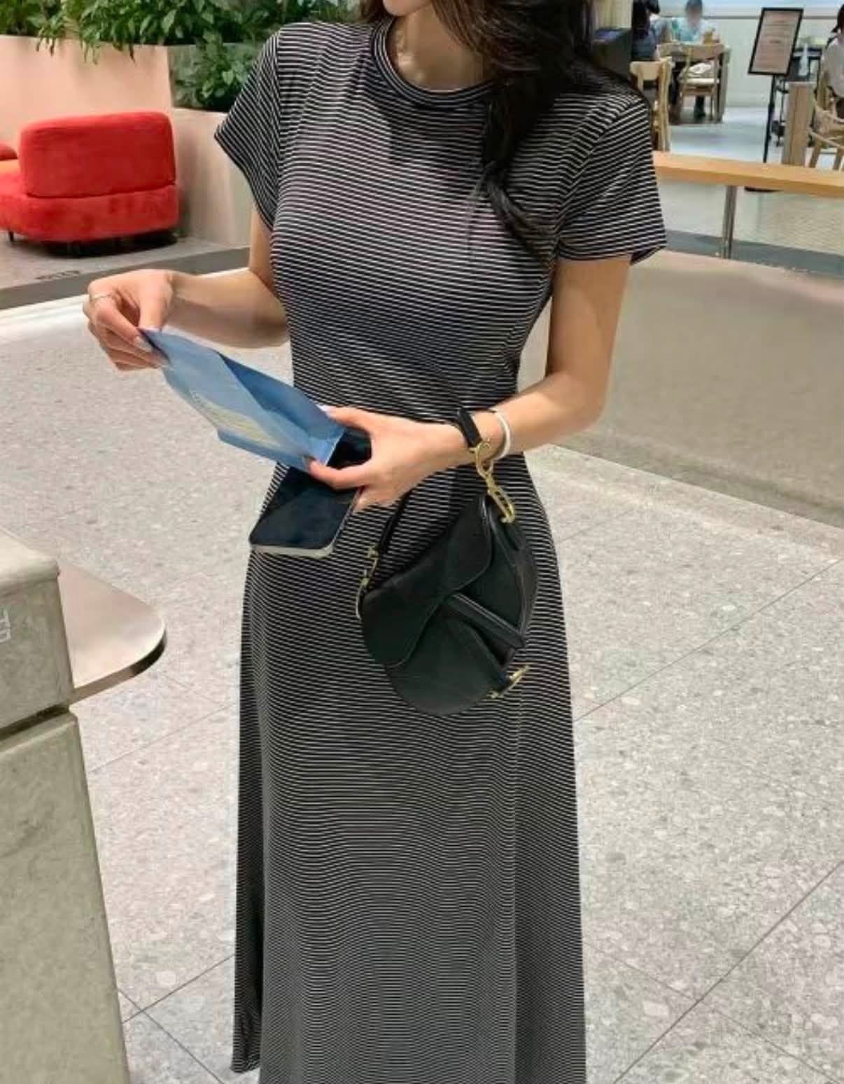 腰間鏤空傘擺條文棉質長洋