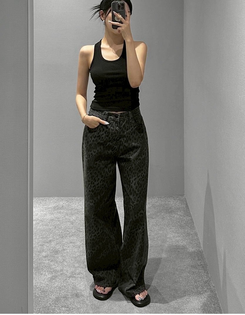 順身豹紋微寬牛仔褲