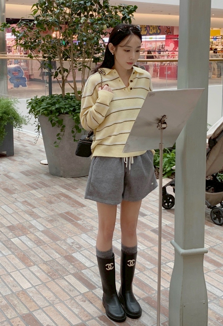 半排扣橫條紋針織上衣