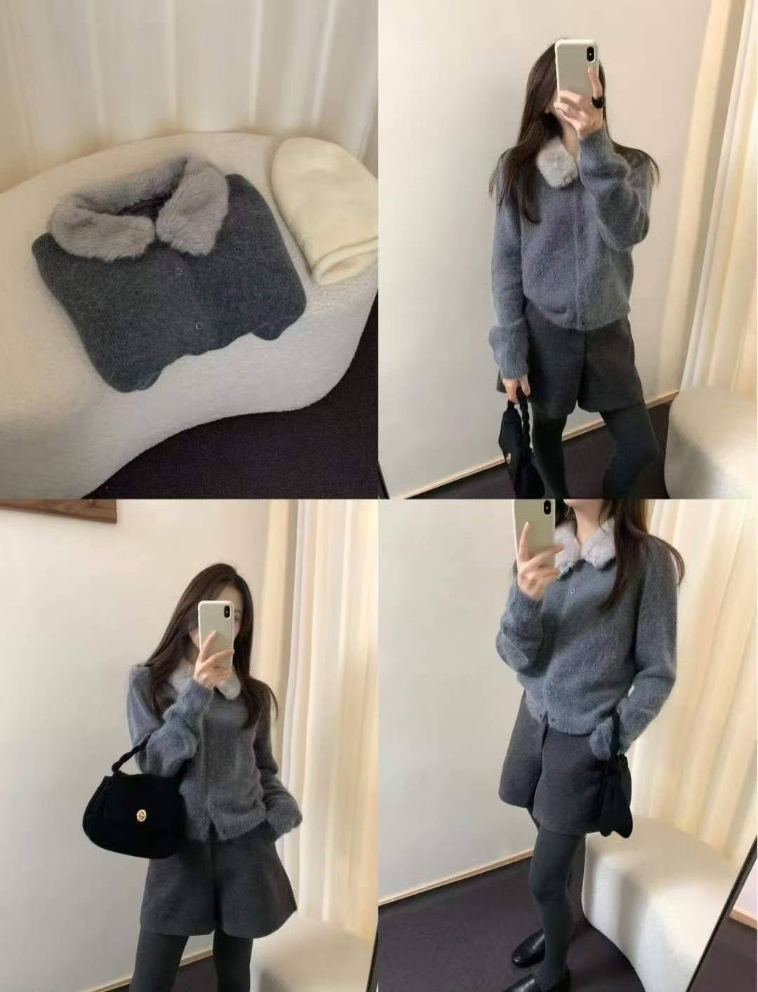 毛毛領拼接針織排釦上衣