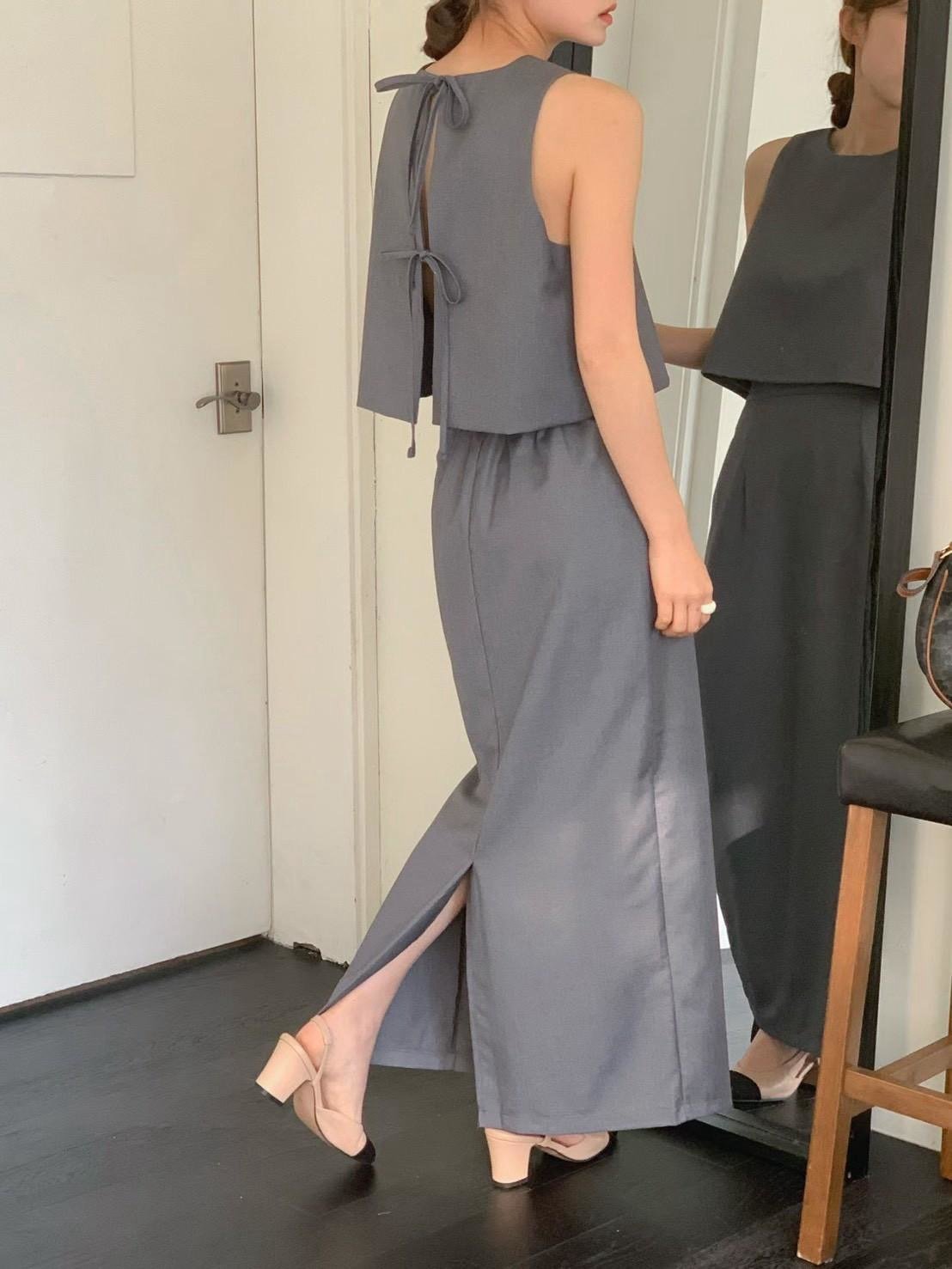 後開岔綁帶背心+鬆緊腰長裙SET (可拆買