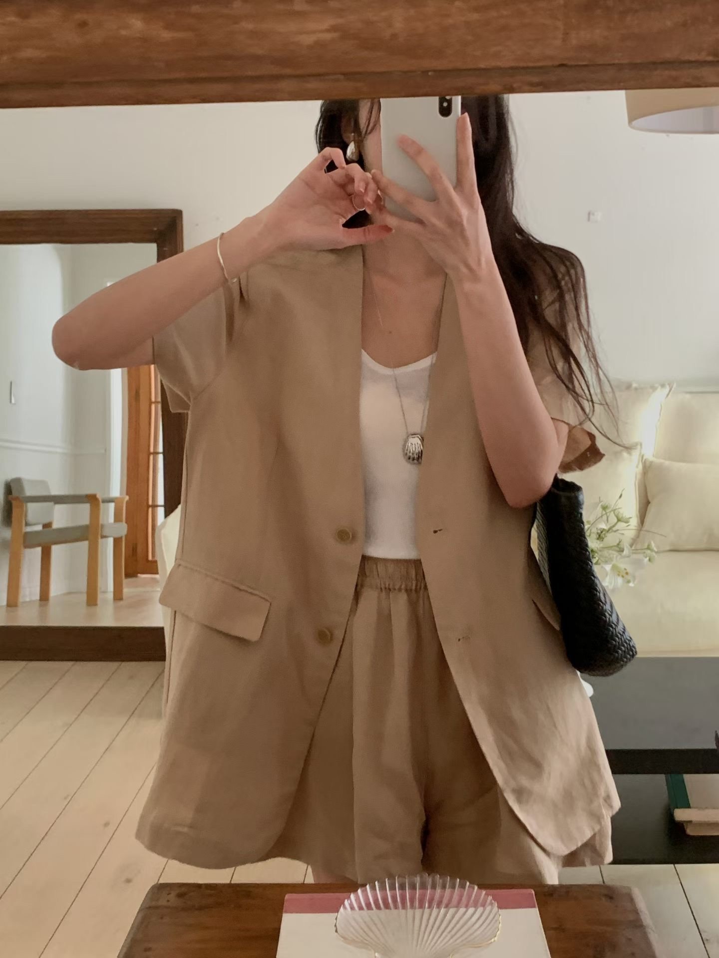 無領棉麻西裝外套+鬆緊短褲SET