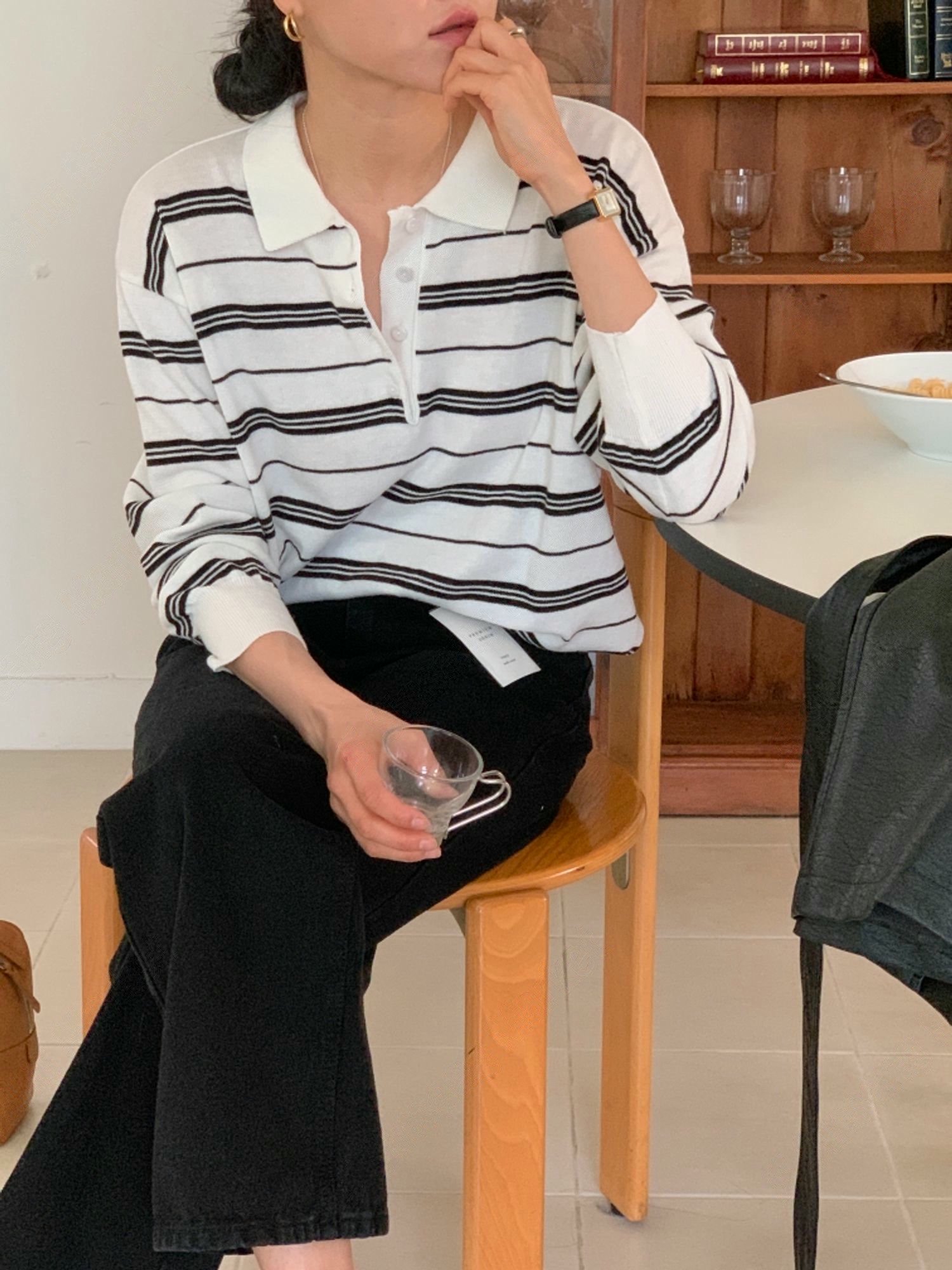 polo翻領薄款橫條紋針織衫