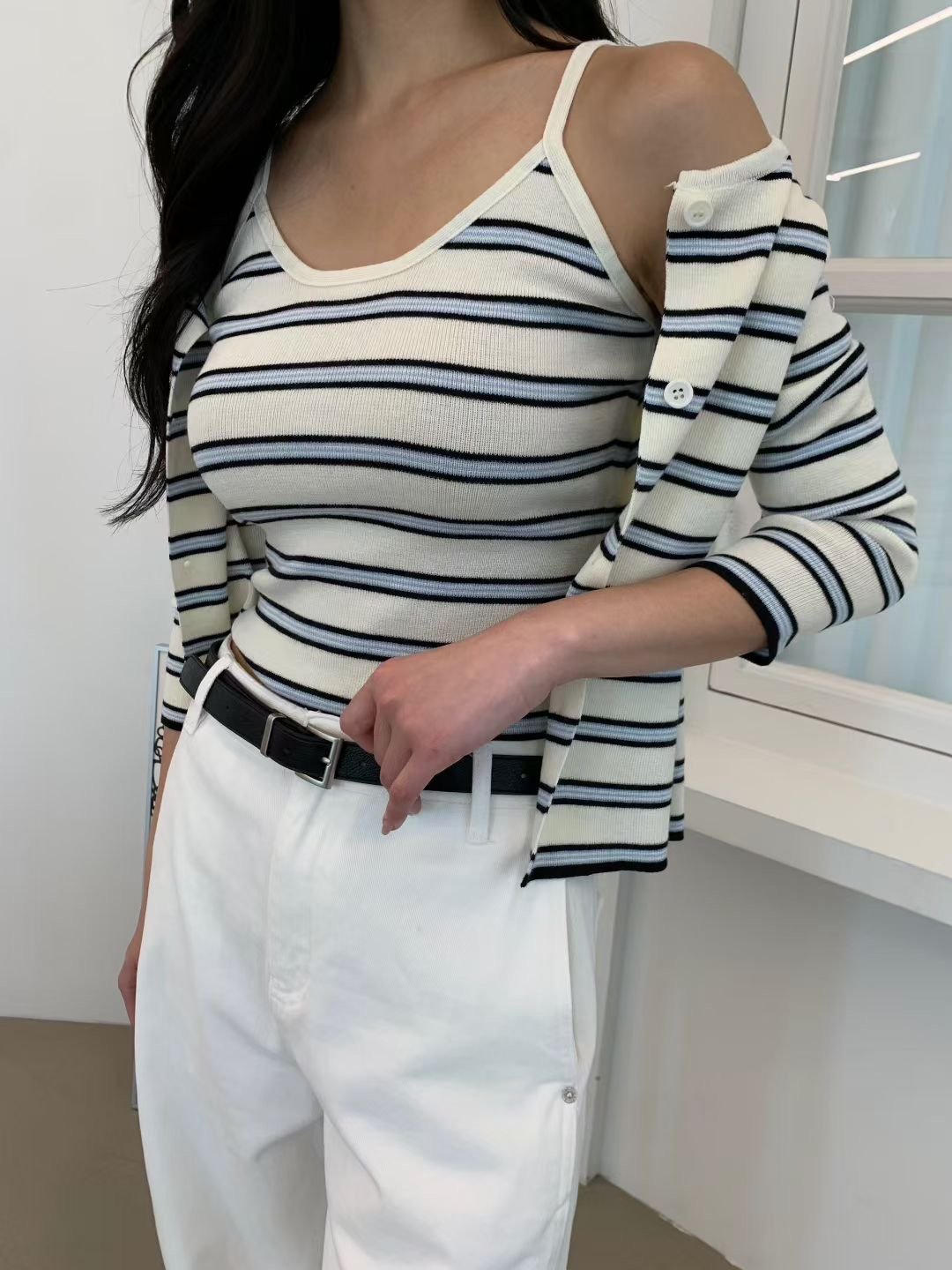 雙配色條紋背心＋排釦薄針織小外套SET