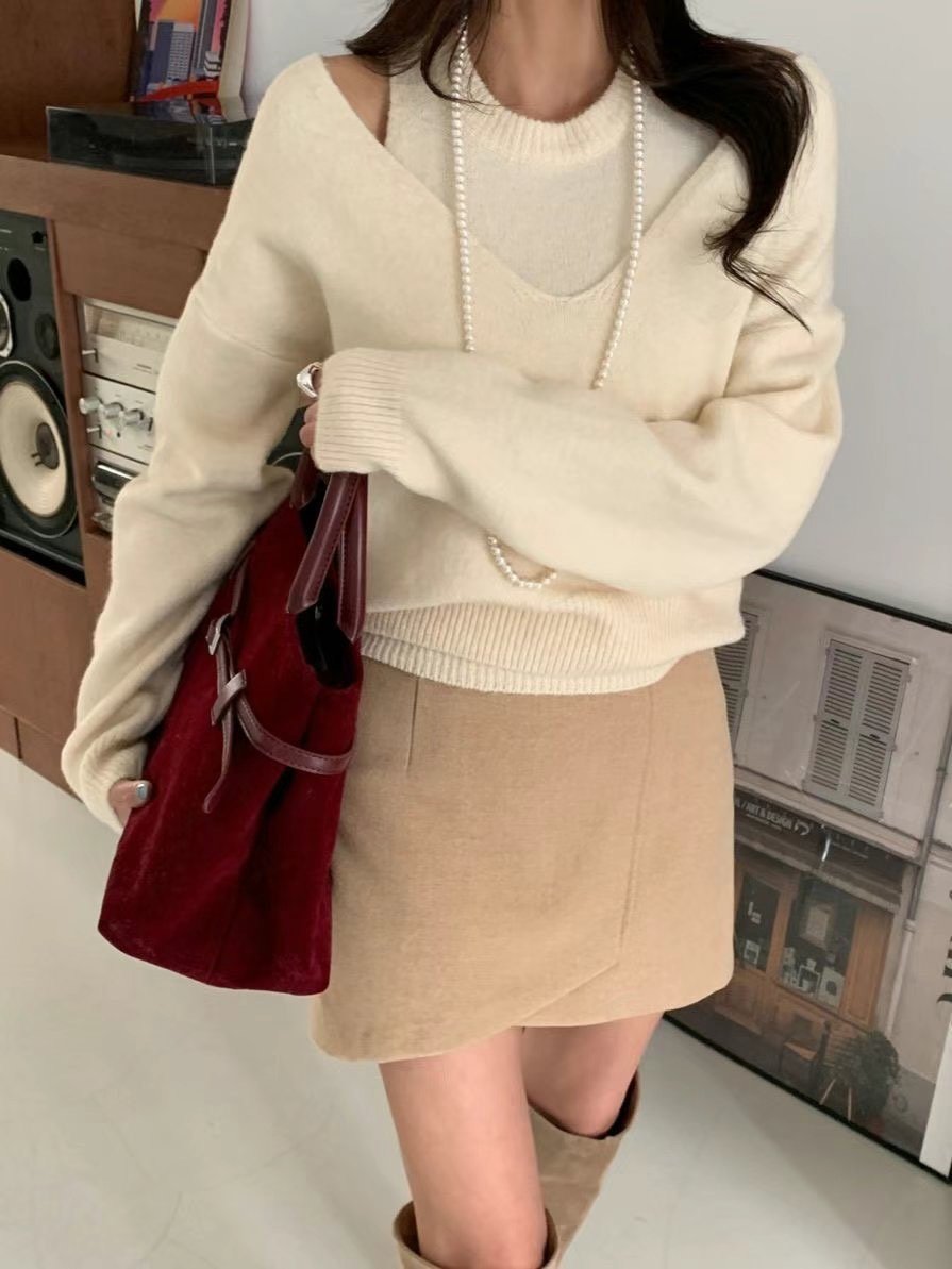 大V領針織+素色背心SET