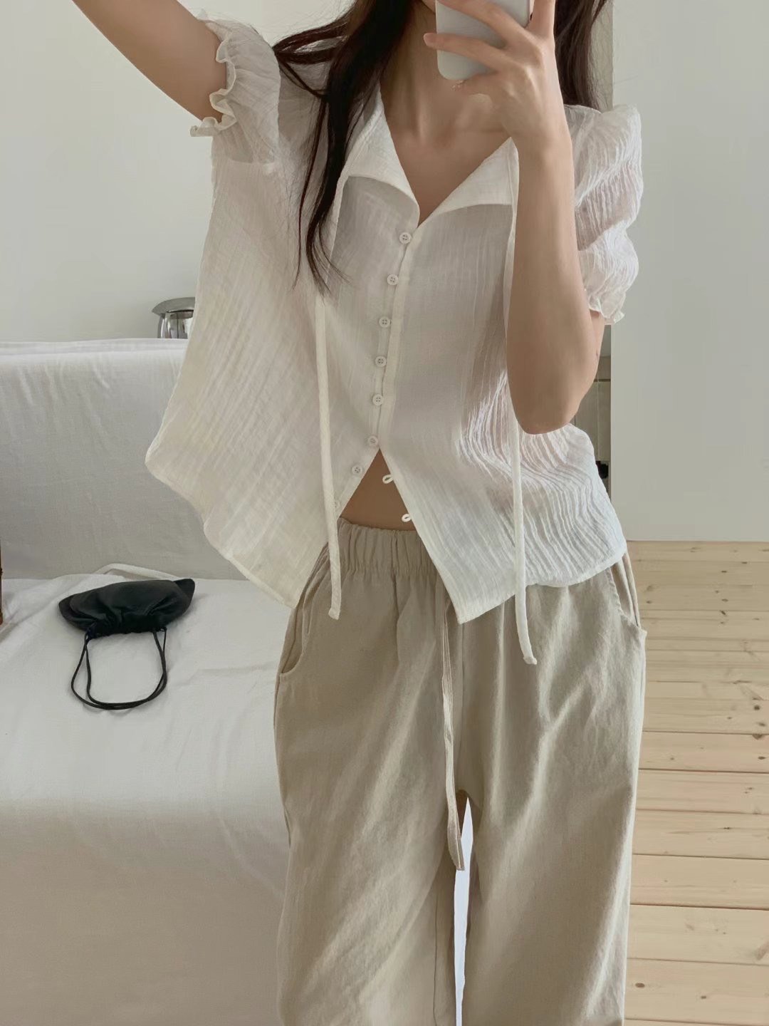 花苞手袖微透綁結雪紡衫