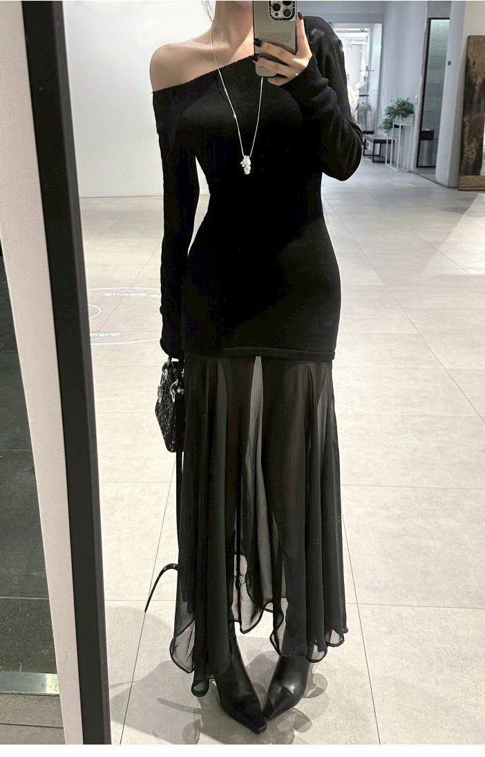 拼接透感網紗船領針織長洋