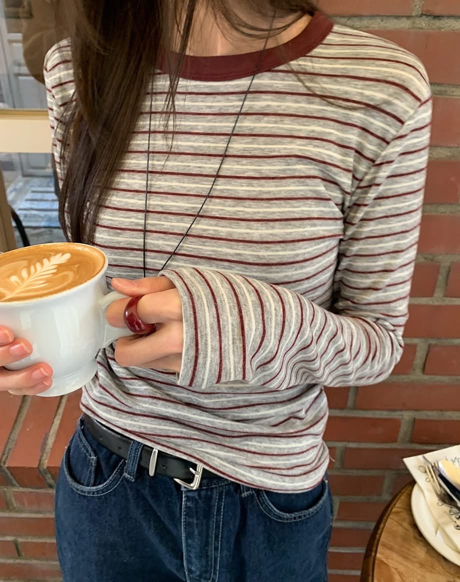 圓領配色條紋合身棉質Ｔ