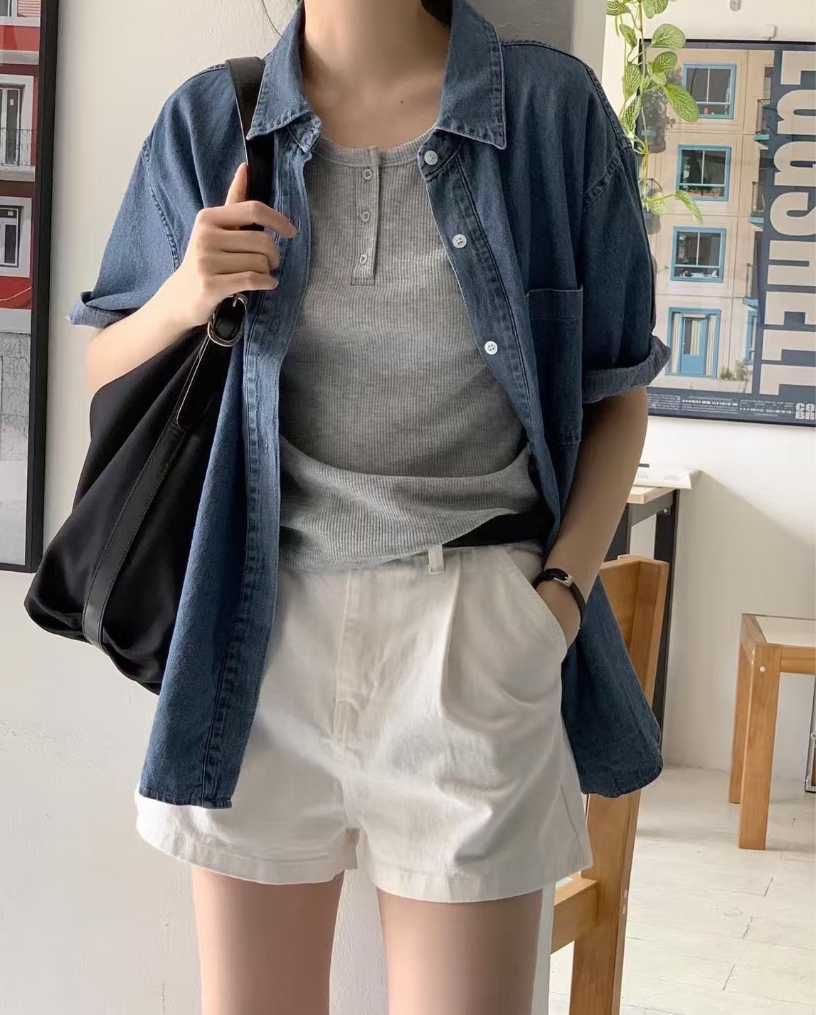 水洗軟牛仔布料短袖襯衫