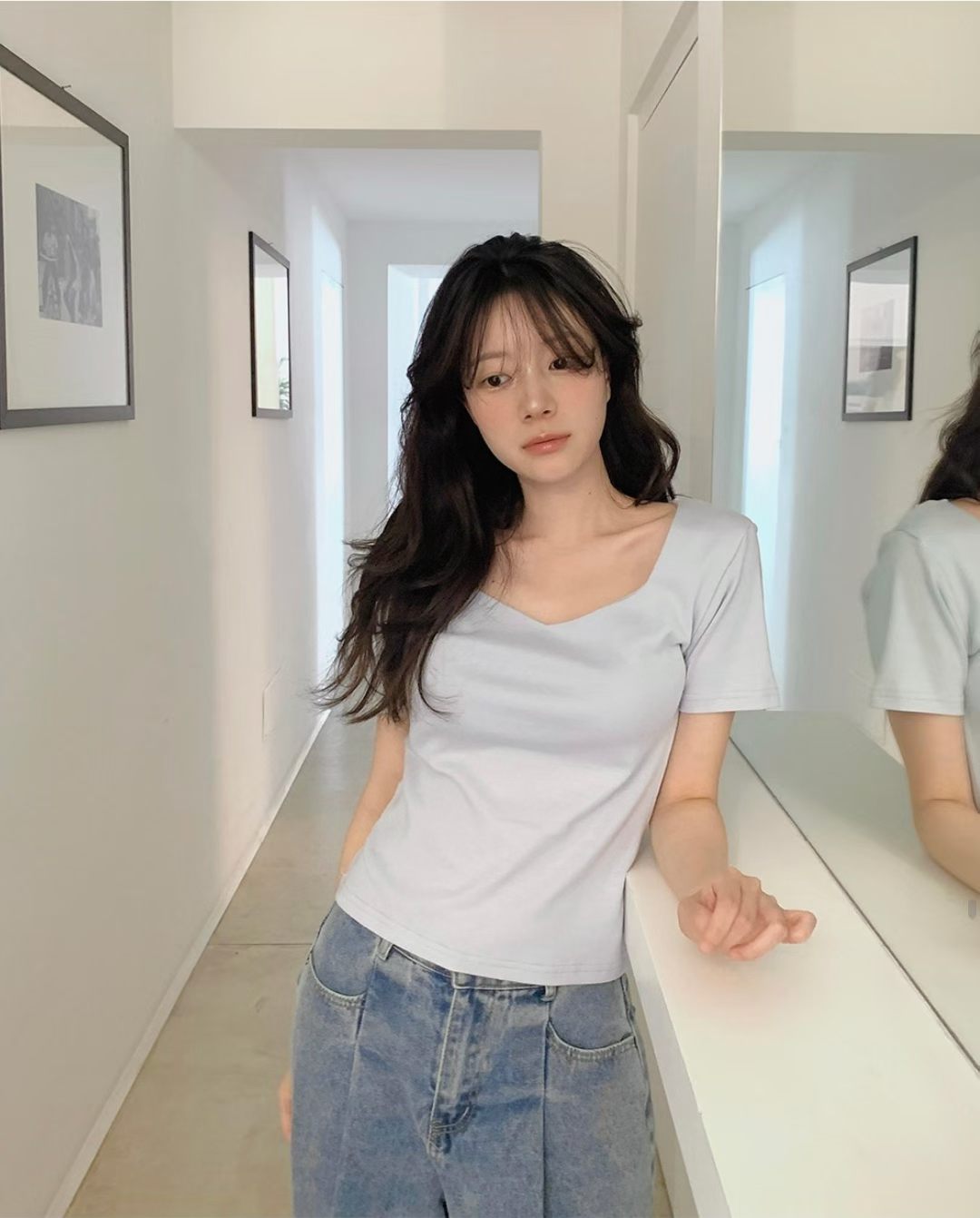 馬卡龍色系尖領順身T