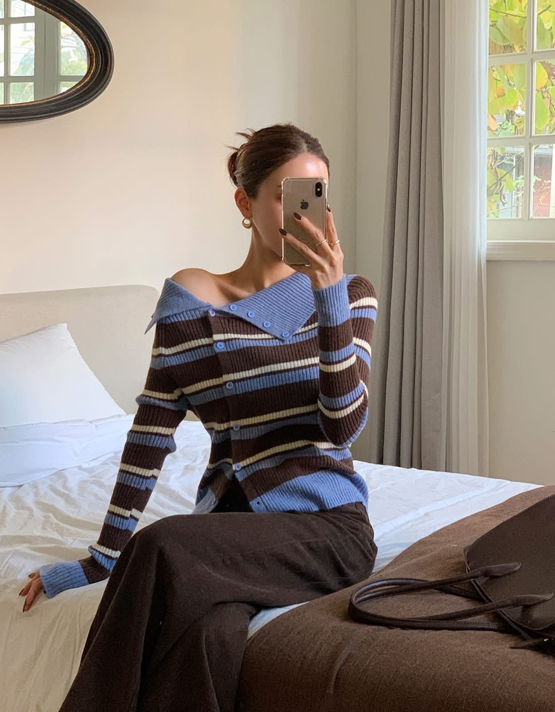 側排釦反折翻領撞色針織衫