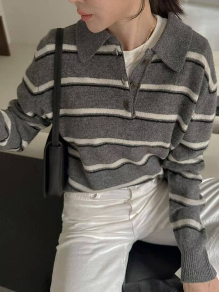 polo排釦領跳色橫條紋羊毛針織衣（100%)