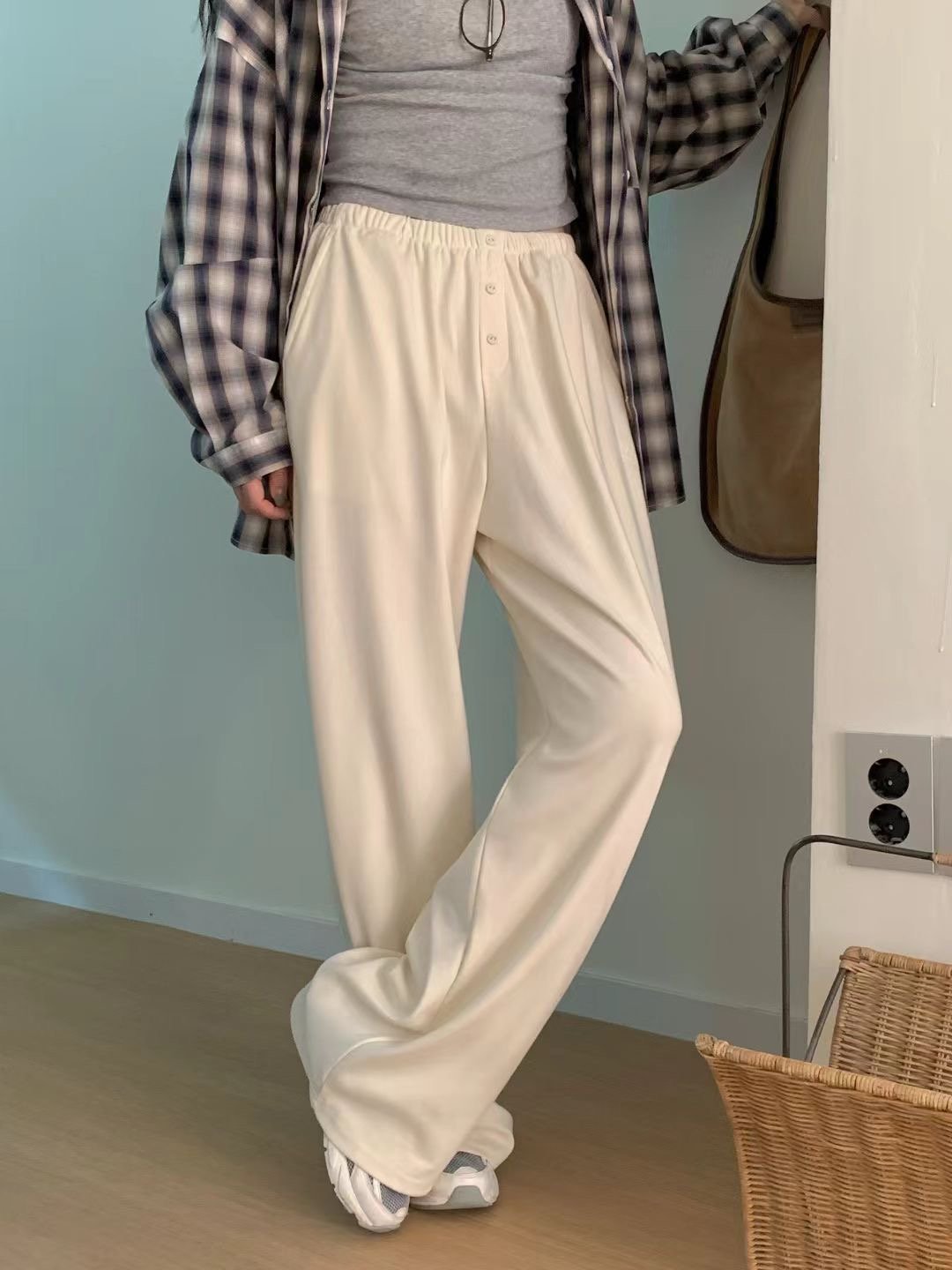 排釦腰頭設計休閒棉褲