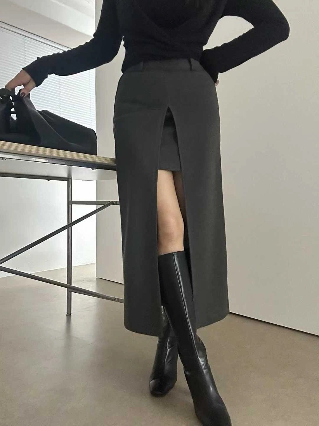 前大開衩雙層造型毛呢長裙