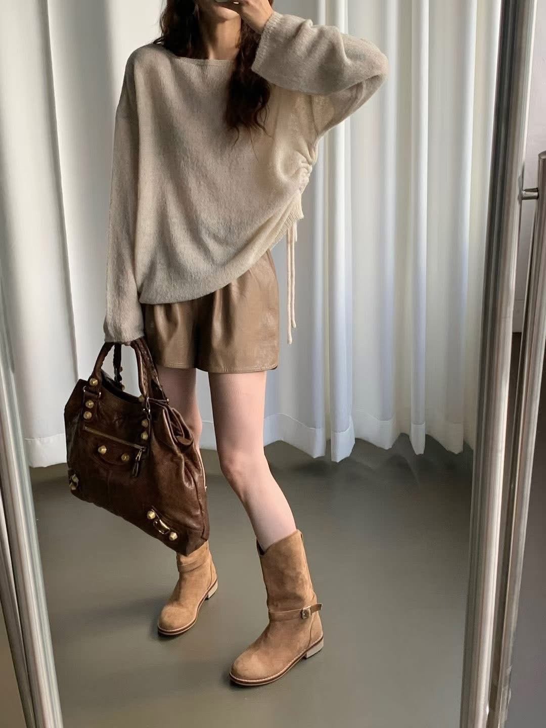 側抽繩薄款寬鬆羊毛針織衣（5%)