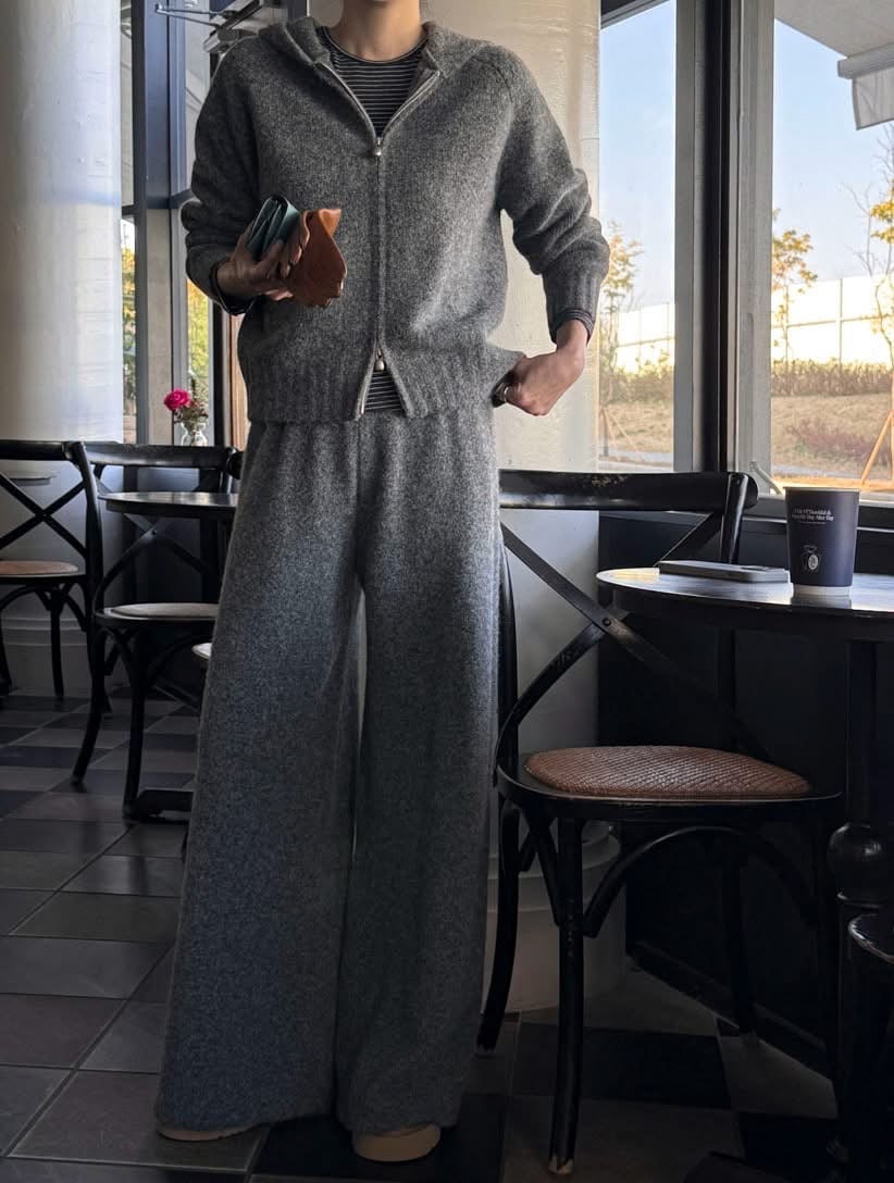 雙向拉鍊針織連帽外套+長褲SET