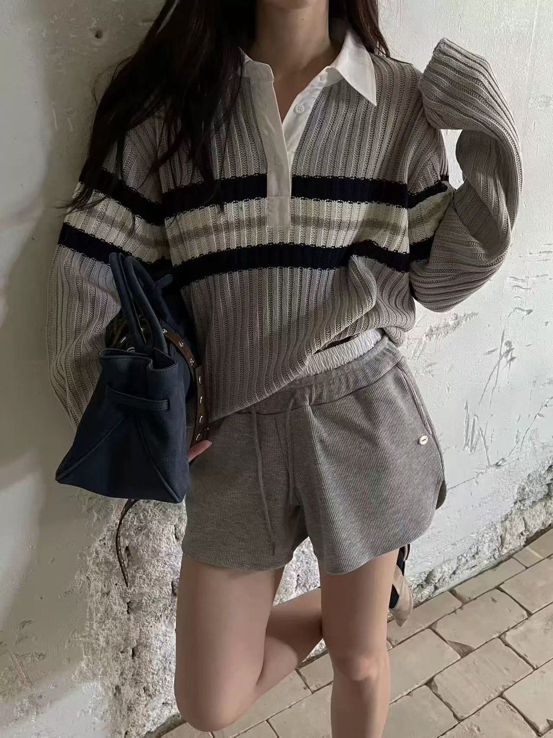 拼接襯衫領配色條紋粗勾針織衣