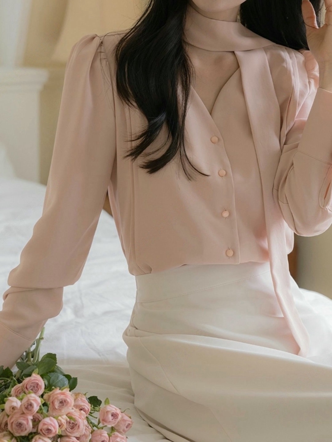 桃心領排釦雪紡衫（附綁帶）