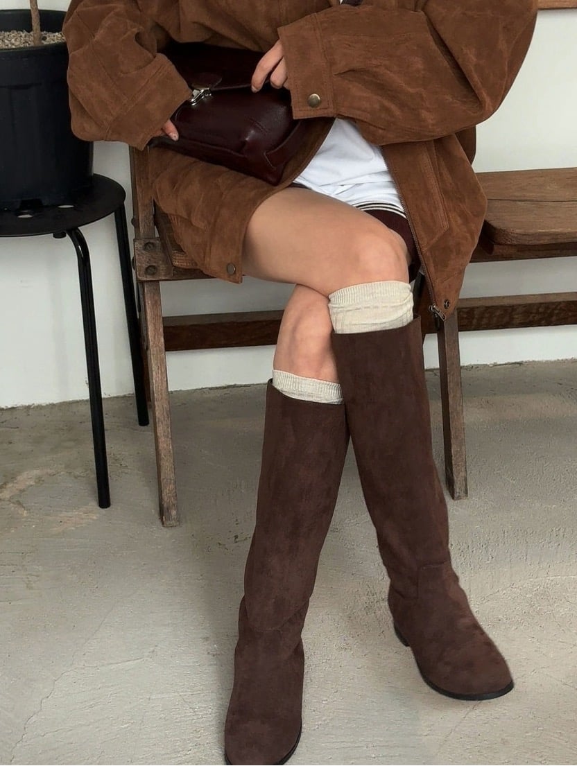 圓頭平底麂皮膝下平底靴