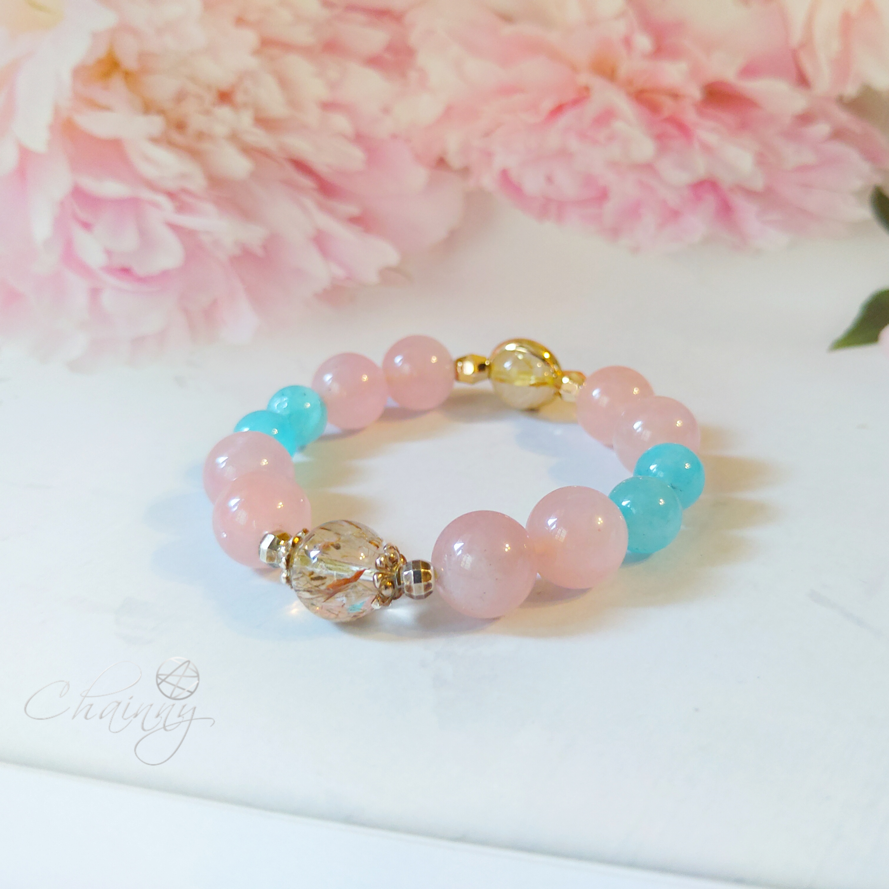 【粉紅幸運之鍊-歲月靜好貴人相助】粉水晶 / 天河石 / 超級七 / 鈦晶