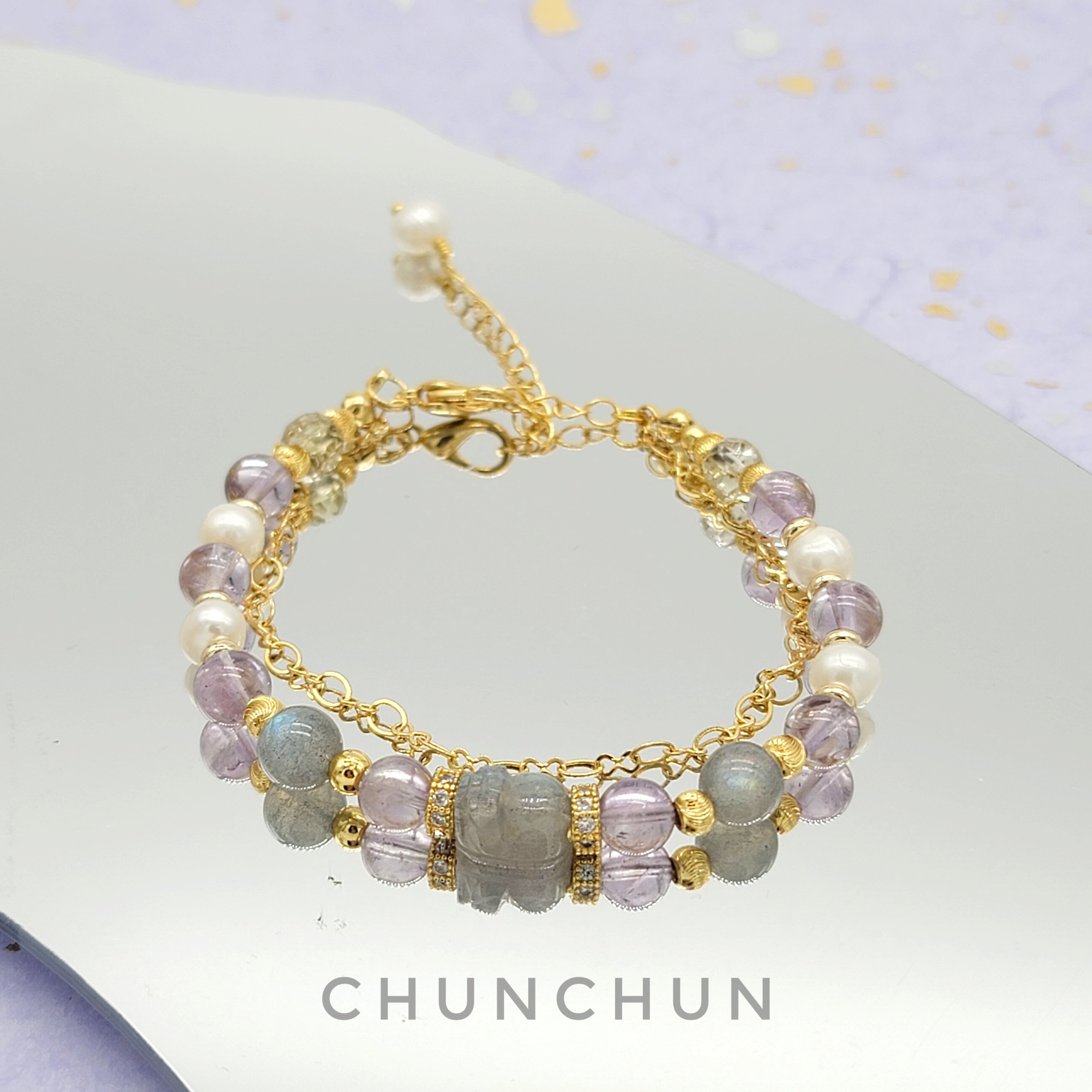 【灰月光浪漫之旅手鍊】灰月光拉長石/貔貅灰月光/紫水晶/珍珠/黃水晶