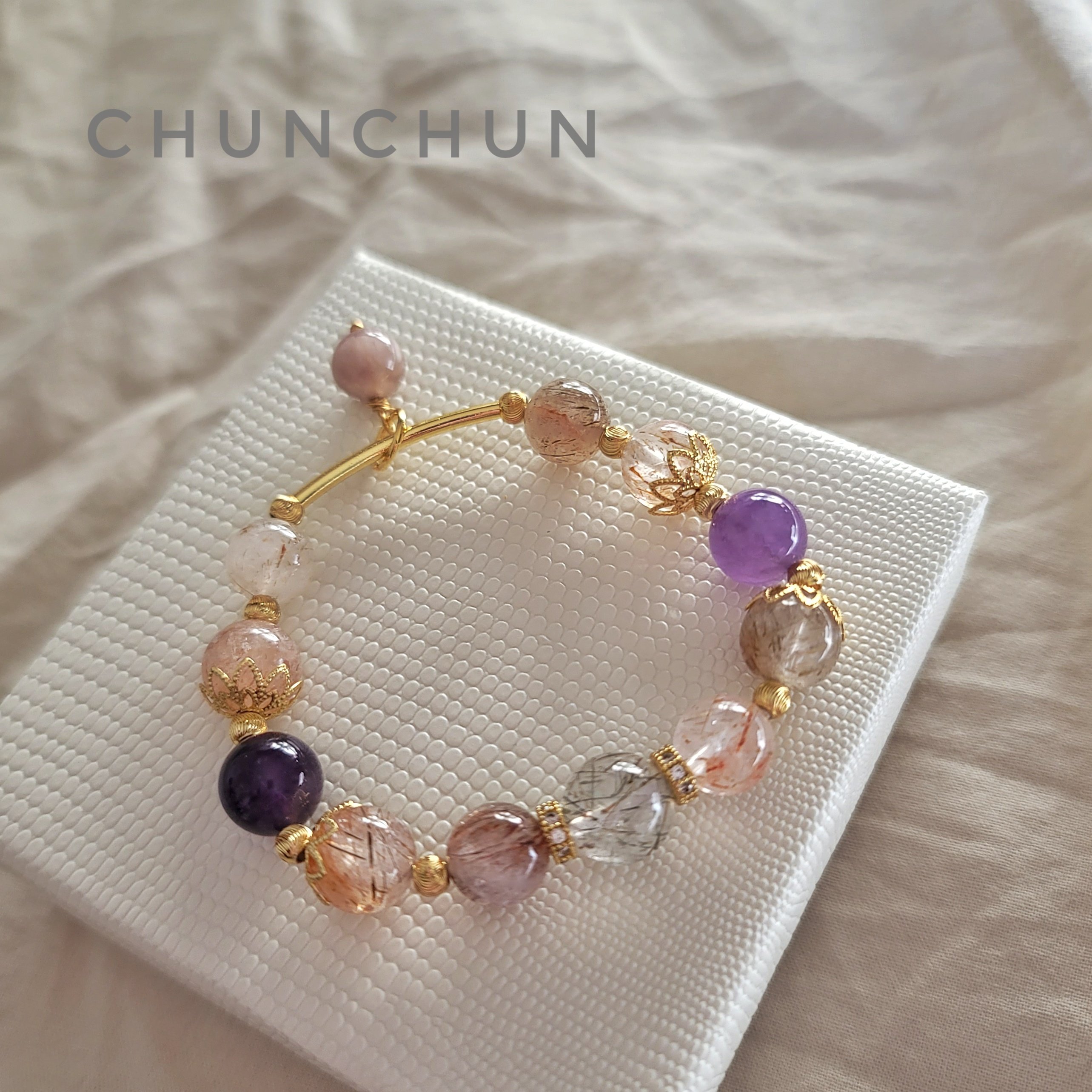 【開運系列-財運等於戀愛】黑超七 彩髮晶 櫻花瑪瑙  22K金鏈