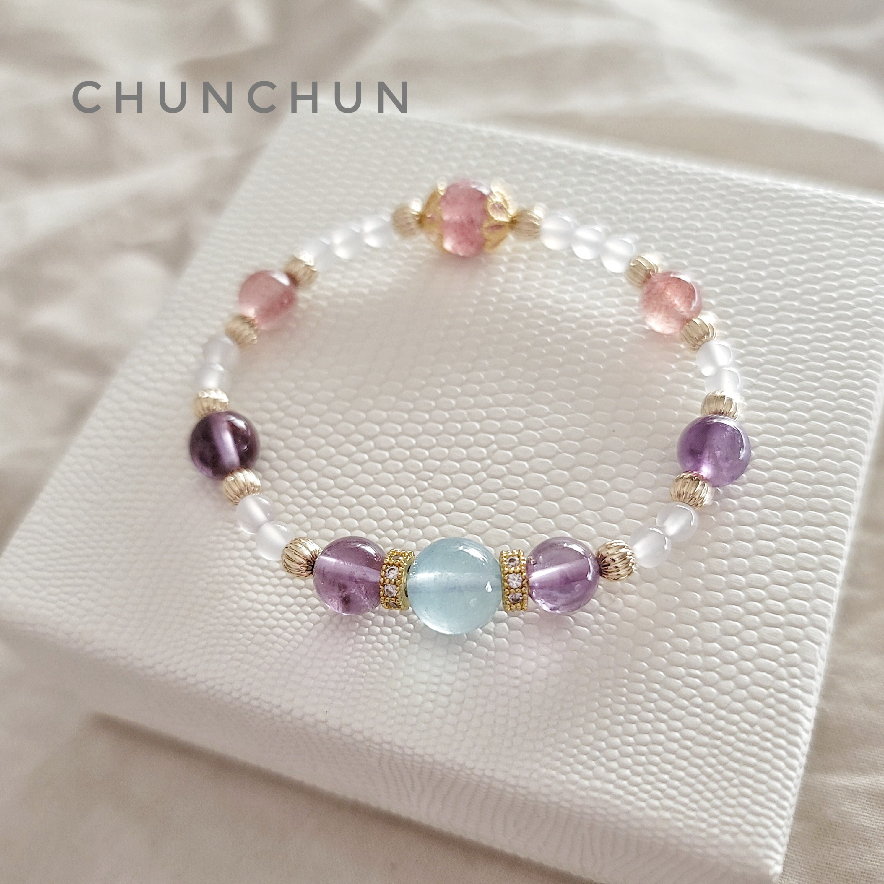 【許願愛戀系列-渡假海洋手鏈】 海水藍寶 紫幽靈 草莓晶 白玉髓