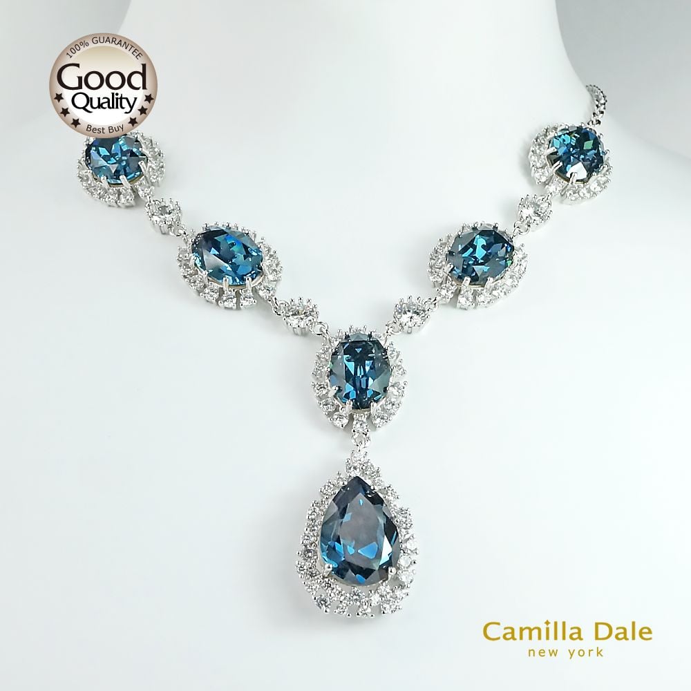 CamillaDale 法式宮廷蒙大拿藍水晶項鍊耳環套組(韓製)