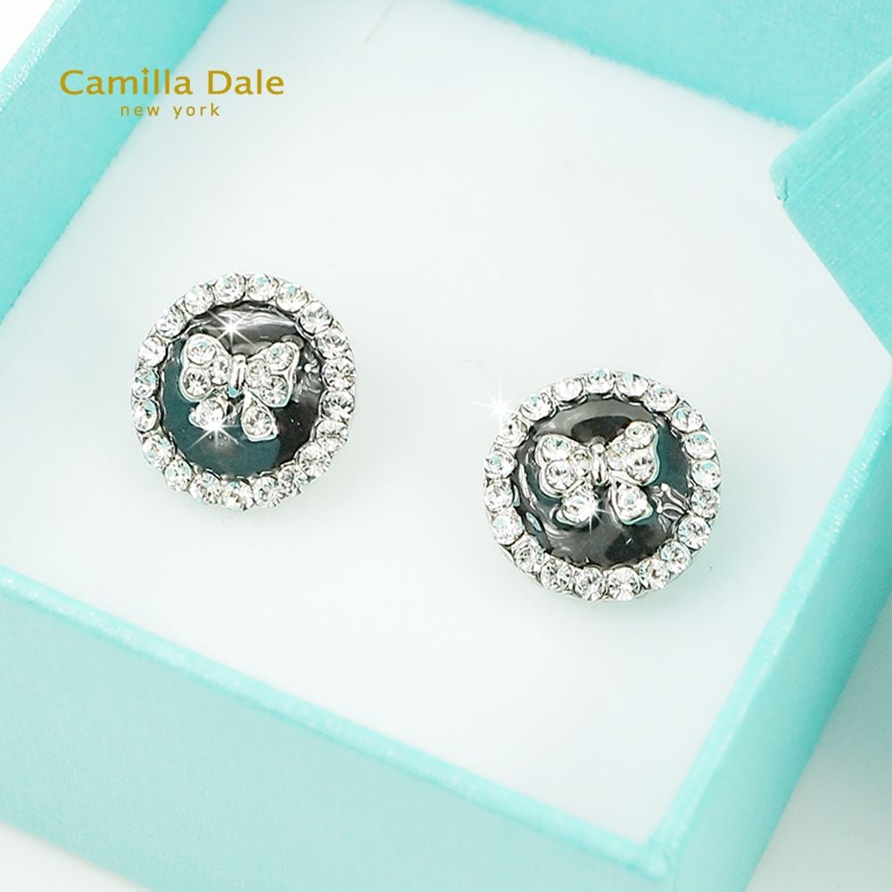 CamillaDale 蝴蝶結鈕扣型水鑽耳環(黑)