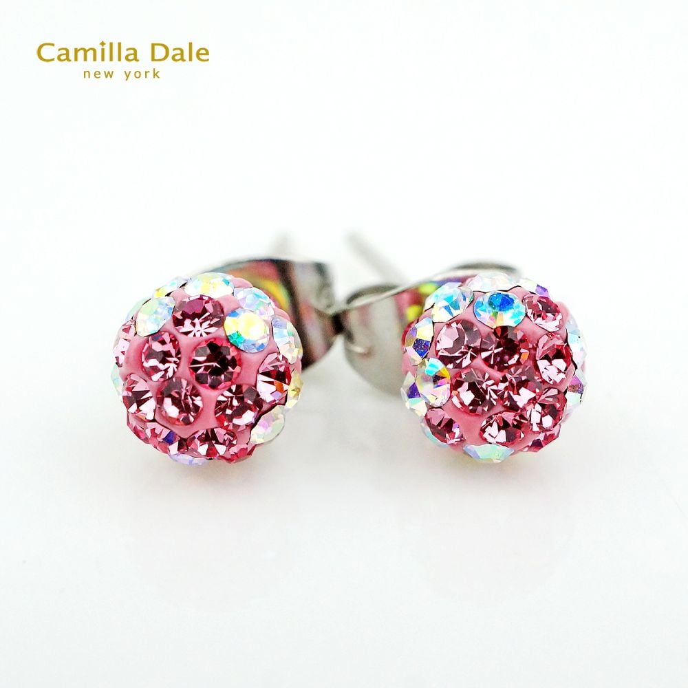 Camilla Dale 6mm繡花球水鑽耳環(白彩粉)