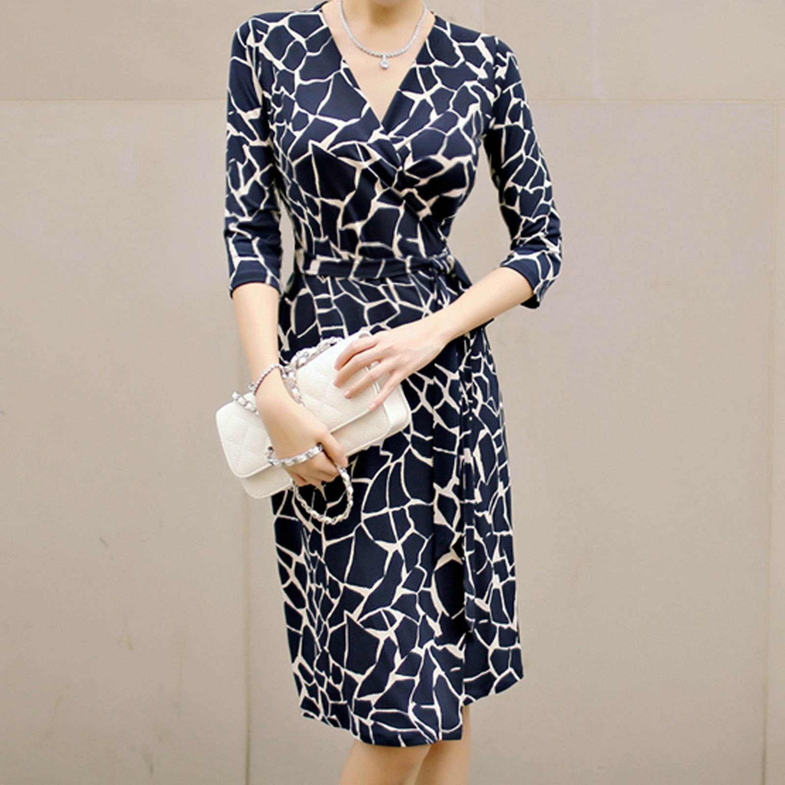 正韓貨esther-st 深藍印花裹身洋裝 Dress 修身剪裁