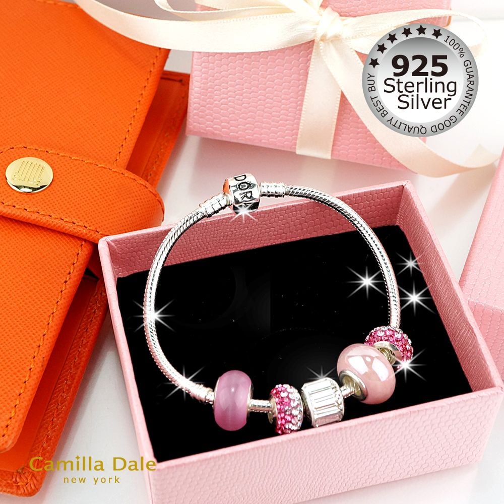 CamillaDale 925純銀晶亮粉紅手鍊 適用於歐珠 大口徑珠