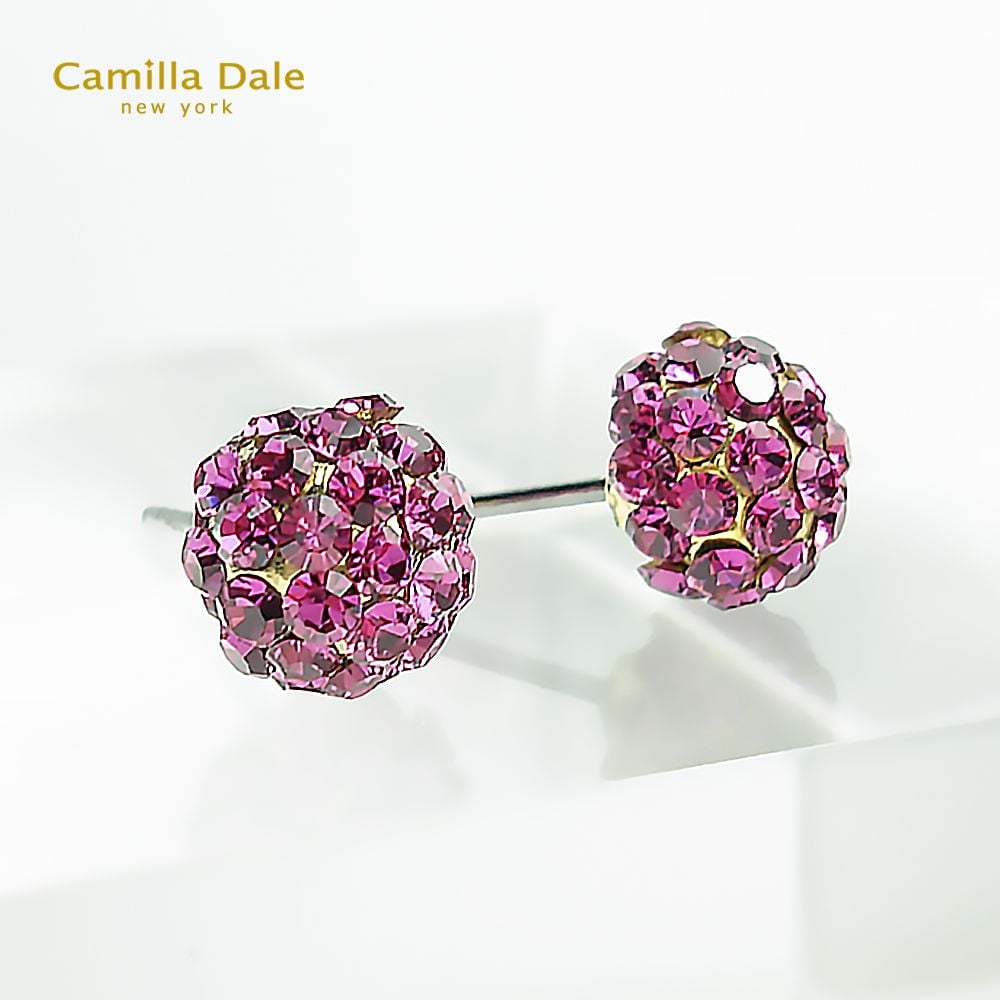 Camilla Dale 8mm扁圓繡花球水鑽耳環(海棠紅)