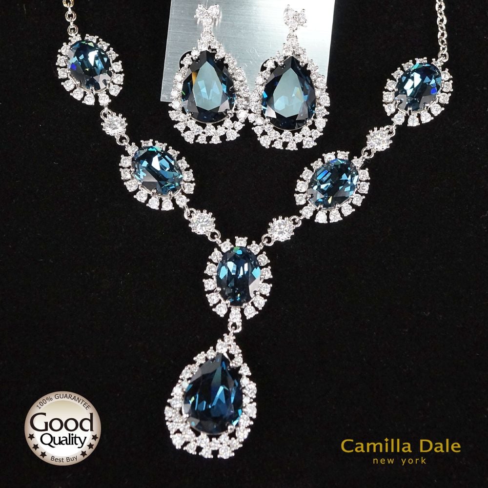 CamillaDale 法式宮廷蒙大拿藍水晶項鍊耳環套組(韓製)