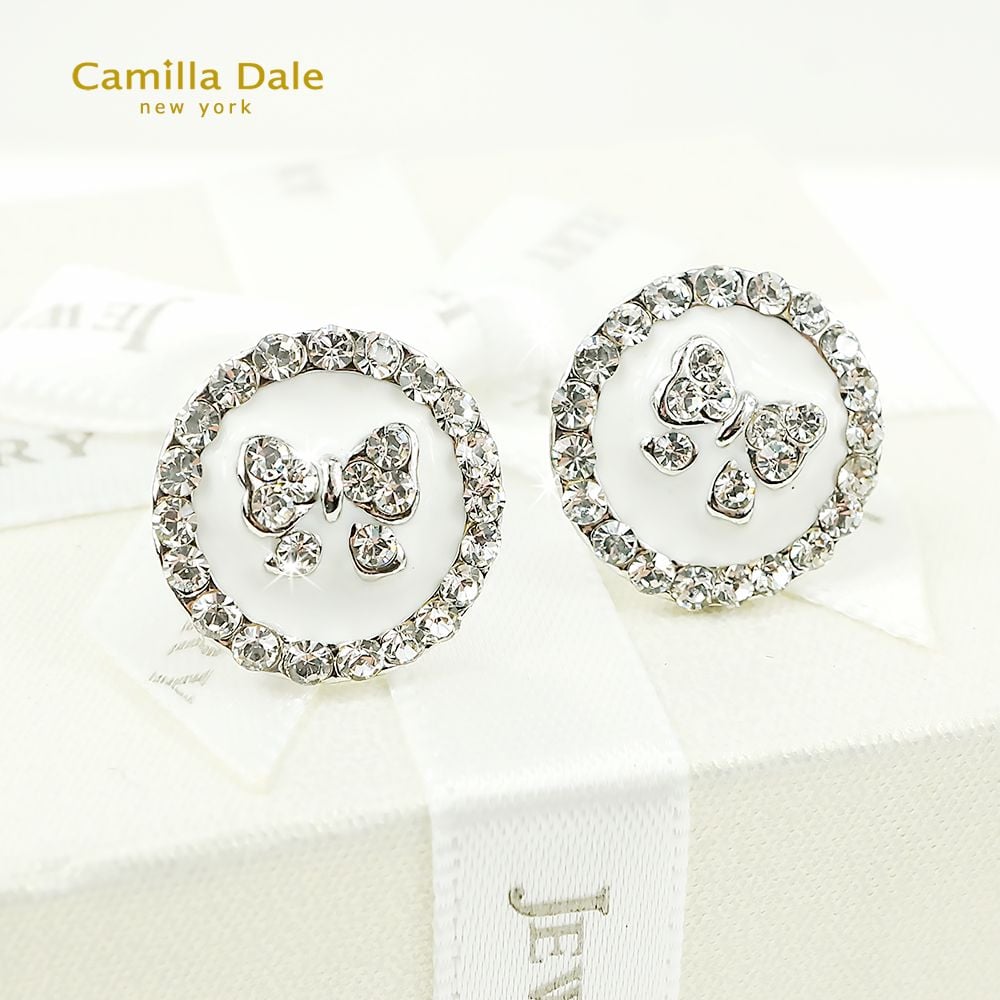 CamillaDale 蝴蝶結鈕扣型水鑽耳環(米白)