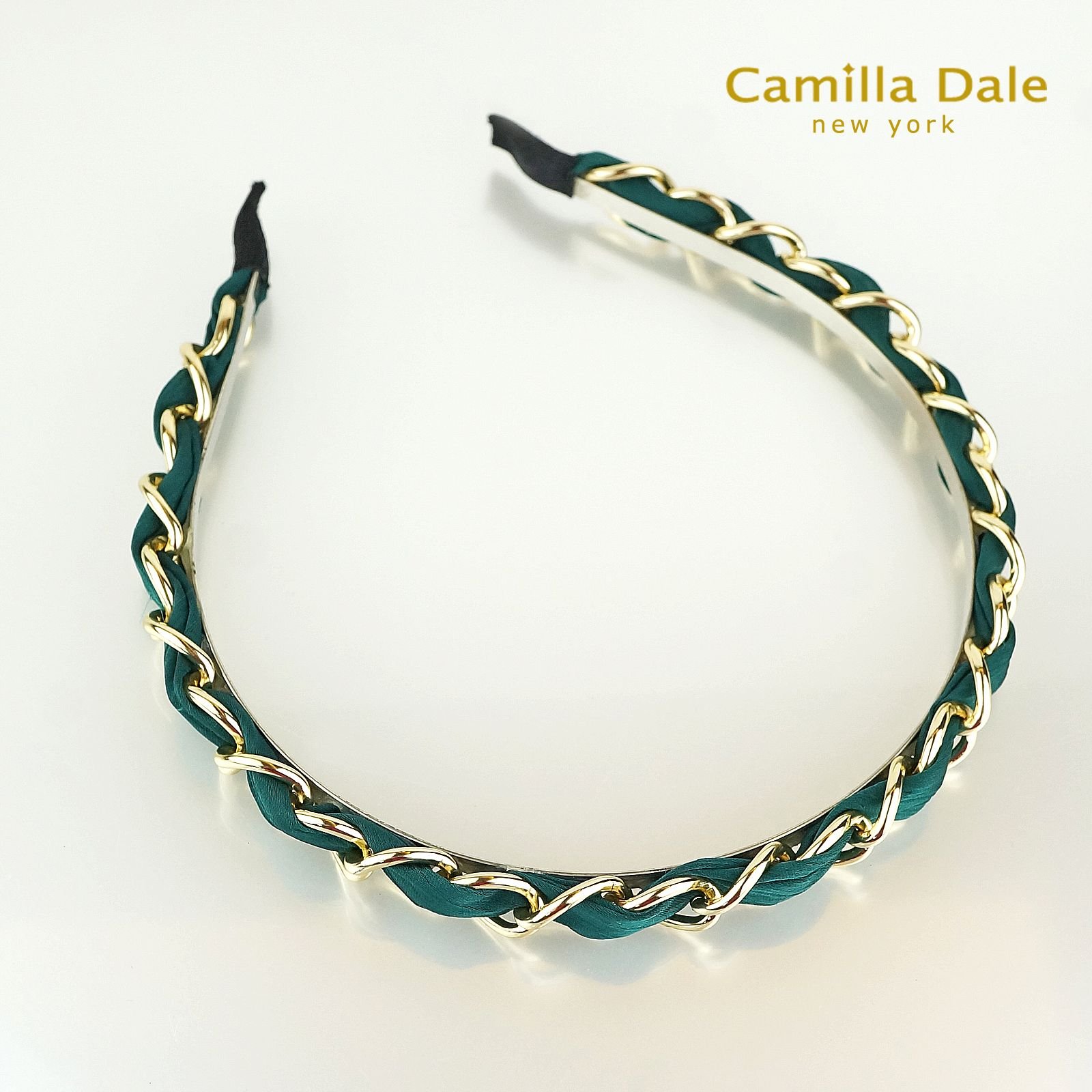 CamillaDale 翡翠綠絲帶綁金色金屬辮結髮箍 高品味韓國精品髮飾