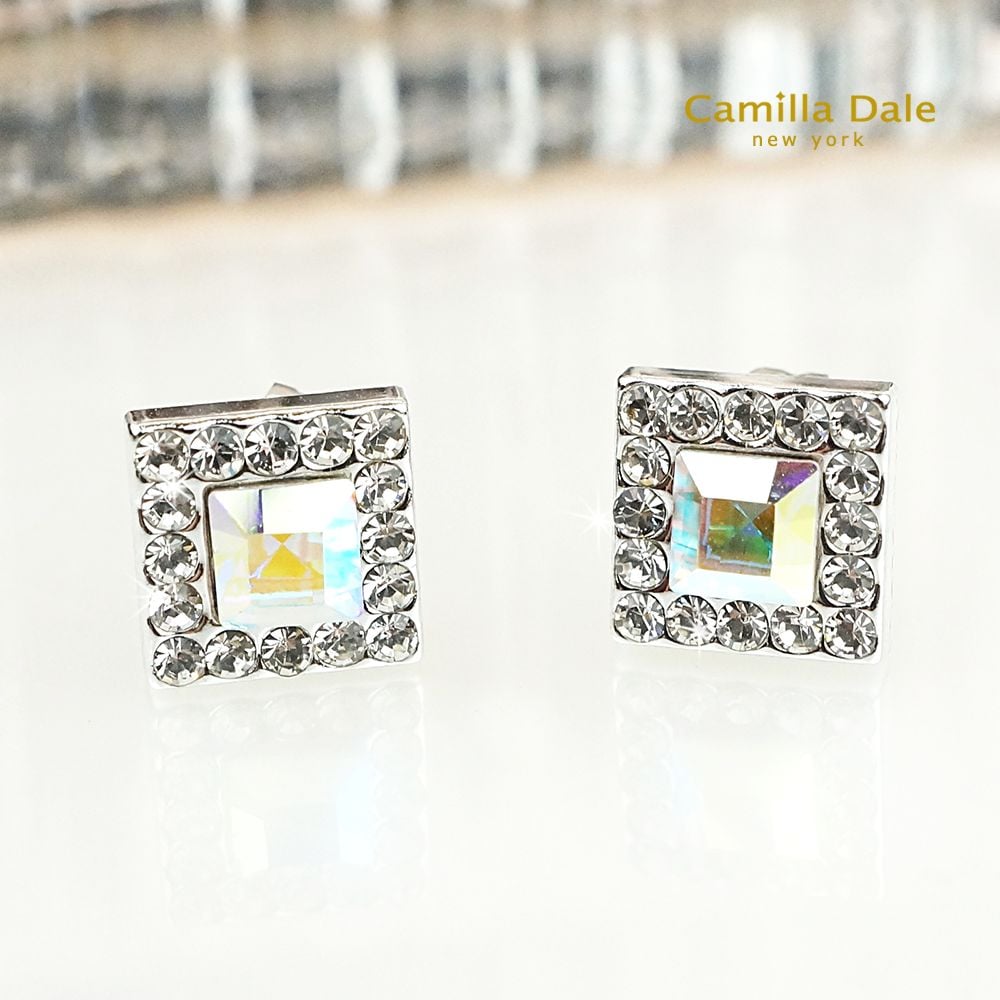 CamillaDale 7mm 方型水鑽不鏽鋼耳環(水晶亮彩)