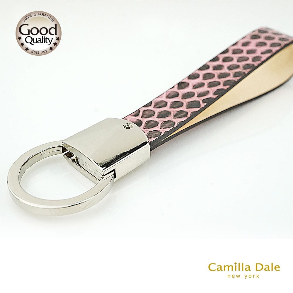 CamillaDale 韓製正蛇皮粉紅自動拉環鑰匙圈