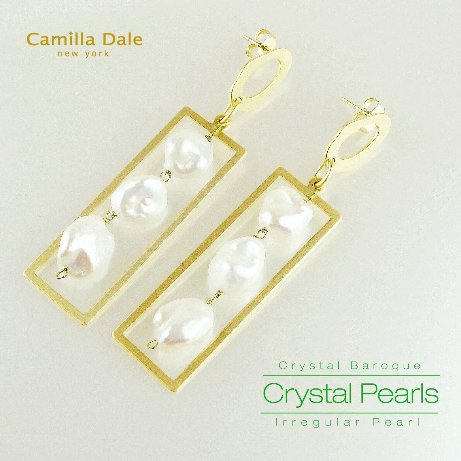 Camilla Dale 925純銀不規則珍珠長形霧金耳環